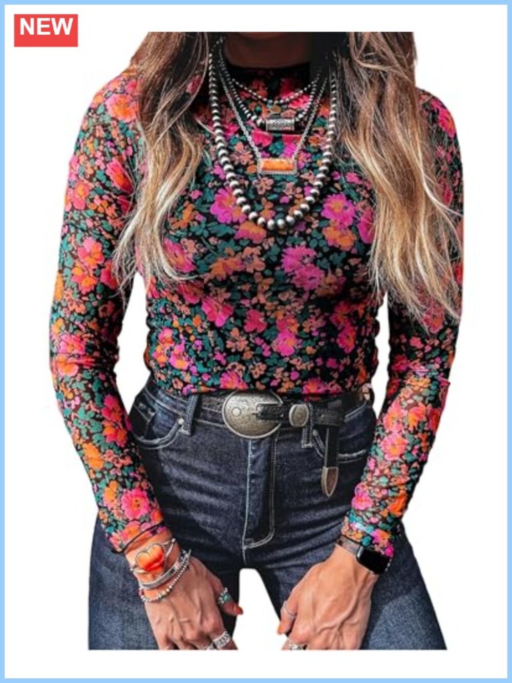 SELINK Women's Floral Mesh Long Sleeve Blouse Mock Neck Sheer Top